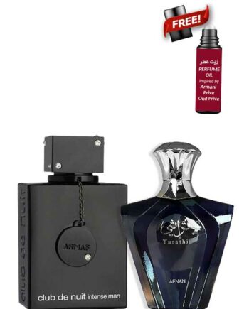 Bundle for Men: Club De Nuit Intense for Men, edT 105ml by Armaf + Turathi Blue for Men, edP 90ml by Afnan + Giorgio Armani Oud Royal Armani Prive Perfume Oil (LUXE) 10ml Roll-On for Men and Women (Unisex) - by NICHE Perfu